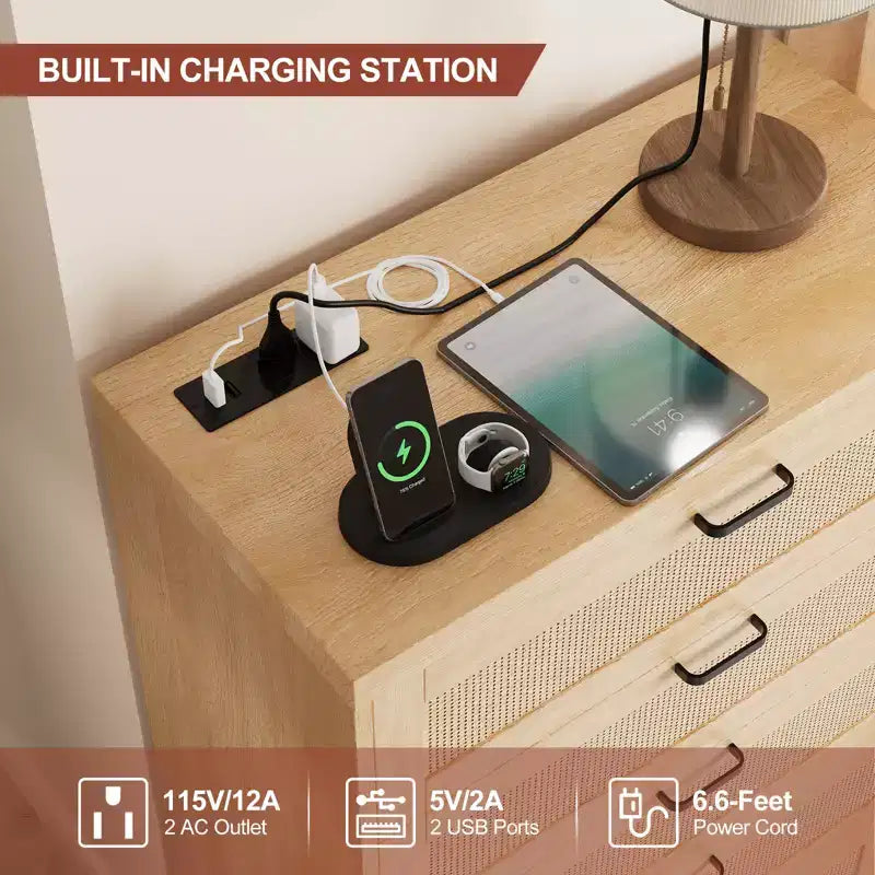 Cassettiera Alta in Rattan con 5 Cassetti – Altezza 80 cm, Piano Ampio, Cassettone in Legno per Camera da Letto e Ingresso