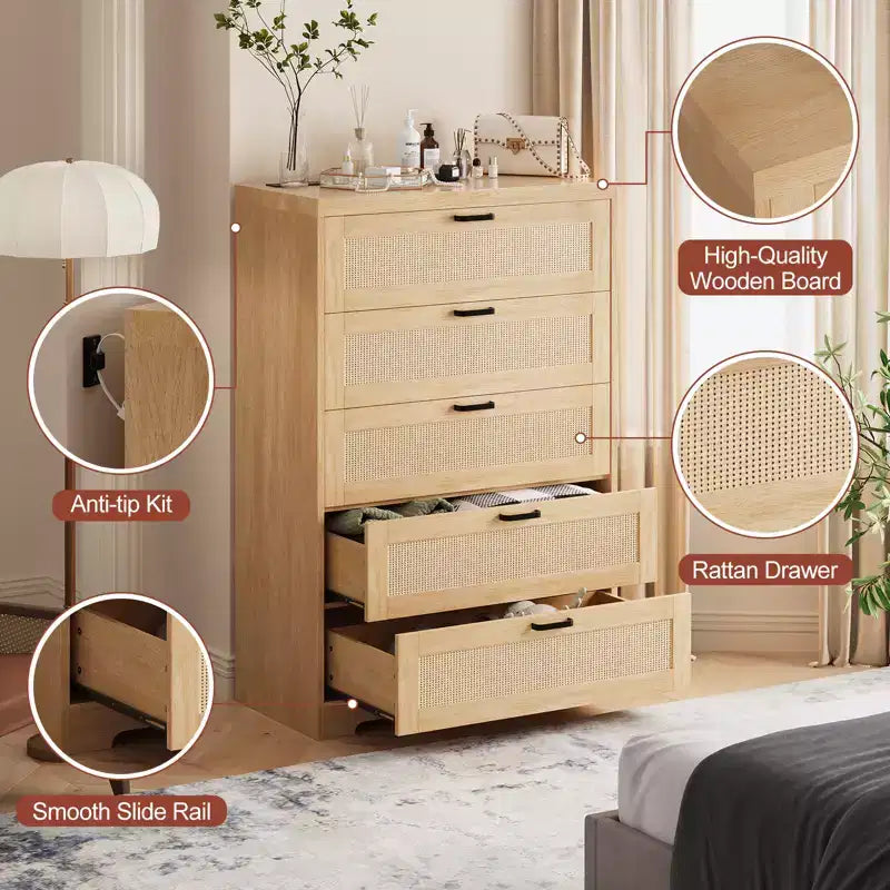 Cassettiera Alta in Rattan con 5 Cassetti – Altezza 80 cm, Piano Ampio, Cassettone in Legno per Camera da Letto e Ingresso