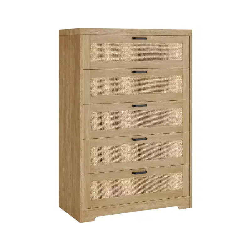 Cassettiera Alta in Rattan con 5 Cassetti – Altezza 80 cm, Piano Ampio, Cassettone in Legno per Camera da Letto e Ingresso