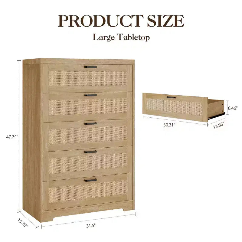 Cassettiera Alta in Rattan con 5 Cassetti – Altezza 80 cm, Piano Ampio, Cassettone in Legno per Camera da Letto e Ingresso