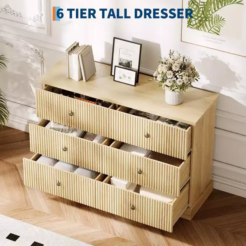 Comò a 6 cassetti per camera da letto – 119 cm di larghezza, cassettiera freestanding in legno