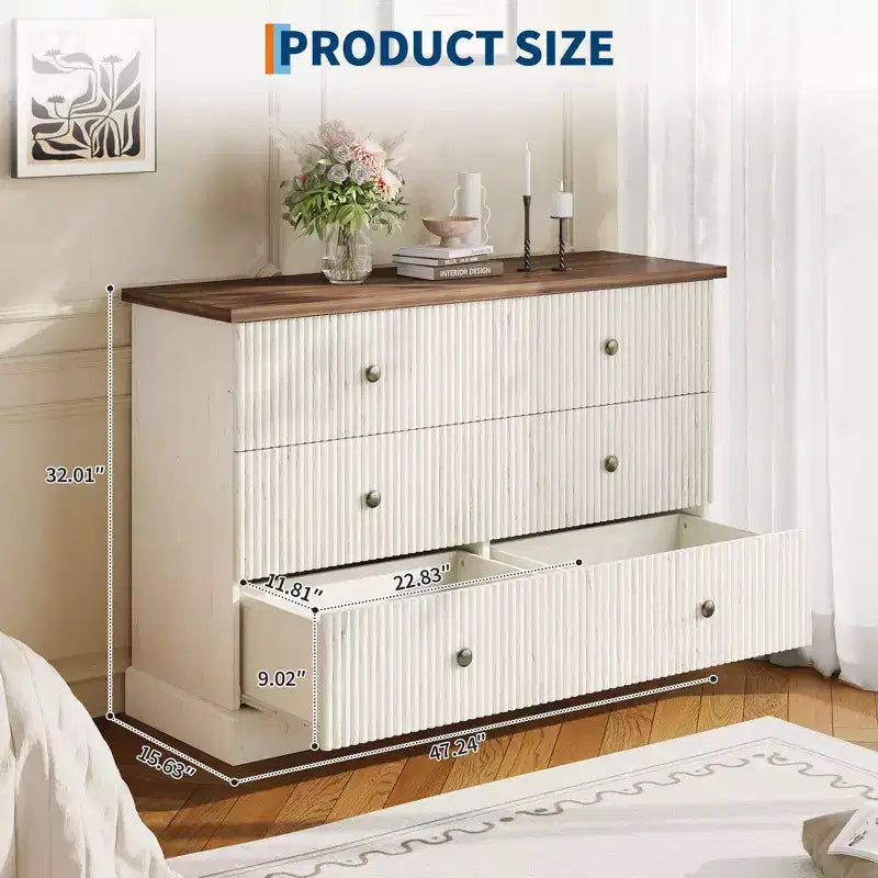 Comò a 6 cassetti per camera da letto – 119 cm di larghezza, cassettiera freestanding in legno