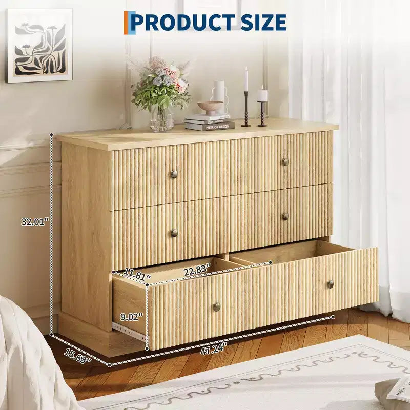 Comò a 6 cassetti per camera da letto – 119 cm di larghezza, cassettiera freestanding in legno