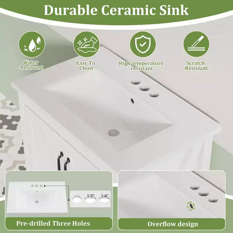 Mobile bagno moderno con lavabo in ceramica – Mobile a terra, 2 ante e 1 cassetto, 24" o 30"
