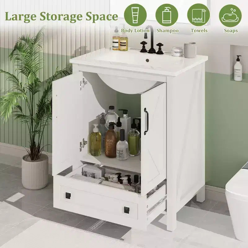 Mobile bagno moderno con lavabo in ceramica – Mobile a terra, 2 ante e 1 cassetto, 24" o 30"