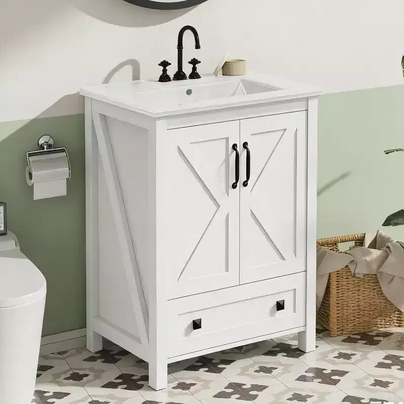 Mobile bagno moderno con lavabo in ceramica – Mobile a terra, 2 ante e 1 cassetto, 24" o 30"