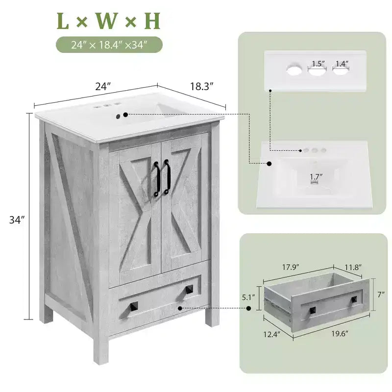 Mobile bagno moderno con lavabo in ceramica – Mobile a terra, 2 ante e 1 cassetto, 24" o 30"