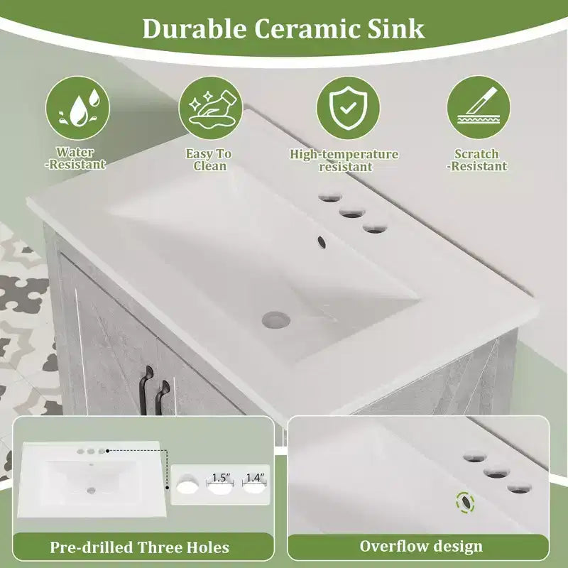 Mobile bagno moderno con lavabo in ceramica – Mobile a terra, 2 ante e 1 cassetto, 24" o 30"