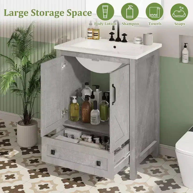 Mobile bagno moderno con lavabo in ceramica – Mobile a terra, 2 ante e 1 cassetto, 24" o 30"
