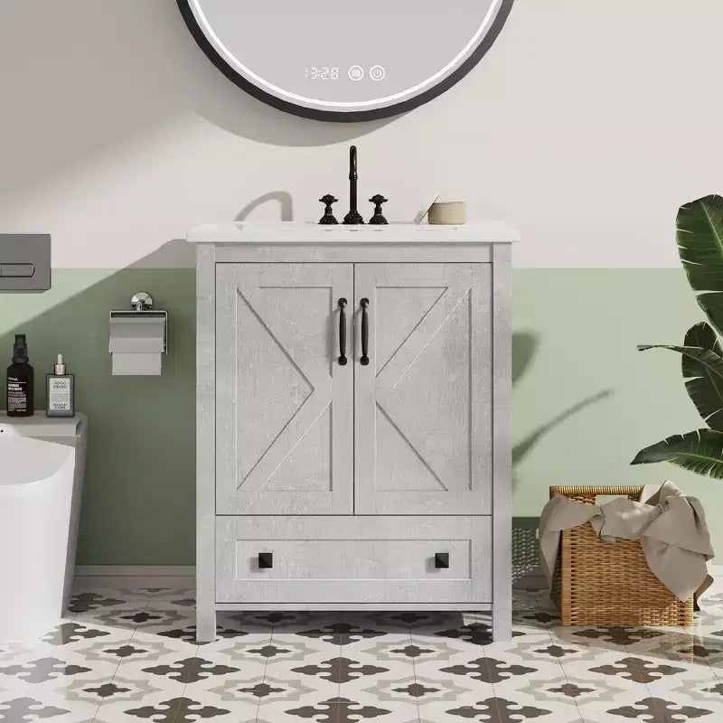 Mobile bagno moderno con lavabo in ceramica – Mobile a terra, 2 ante e 1 cassetto, 24" o 30"