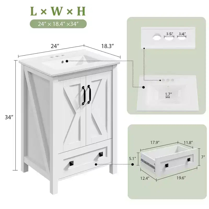 Mobile bagno moderno con lavabo in ceramica – Mobile a terra, 2 ante e 1 cassetto, 24" o 30"