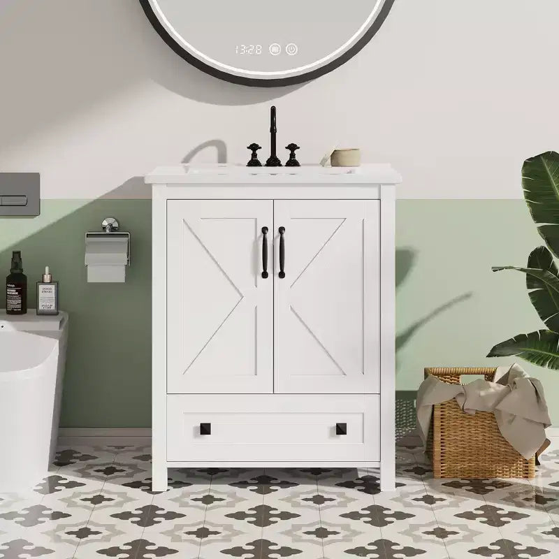 Mobile bagno moderno con lavabo in ceramica – Mobile a terra, 2 ante e 1 cassetto, 24" o 30"