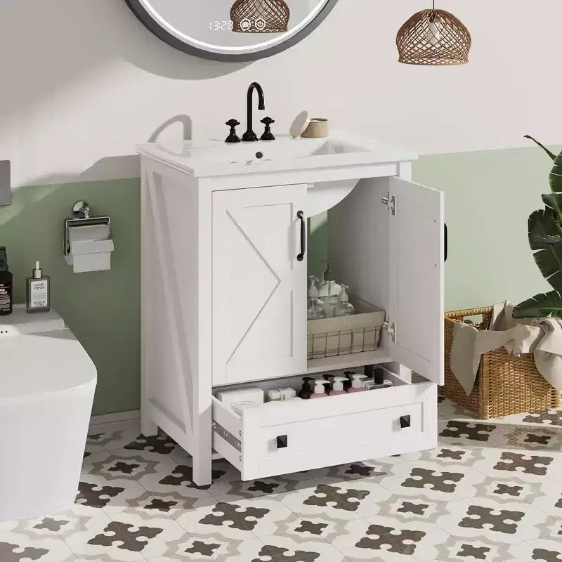 Mobile bagno moderno con lavabo in ceramica – Mobile a terra, 2 ante e 1 cassetto, 24" o 30"