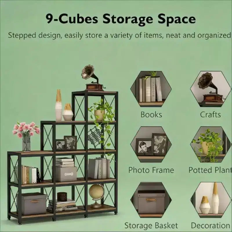 Libreria a Scala Angolare a L – Etagere a 9 Cubi in Metallo e Legno, Nera