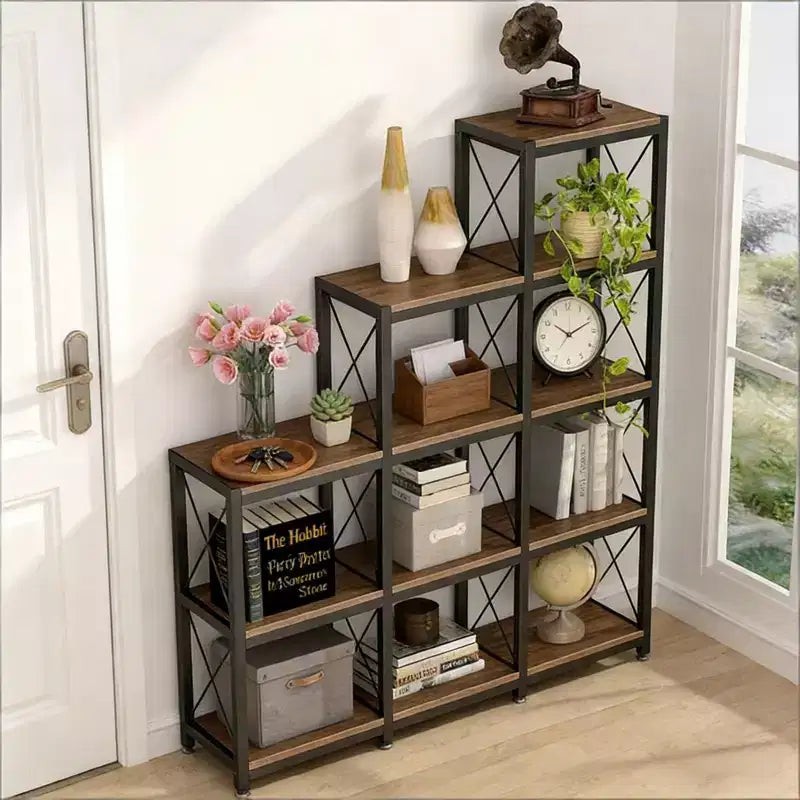 Libreria a Scala Angolare a L – Etagere a 9 Cubi in Metallo e Legno, Nera