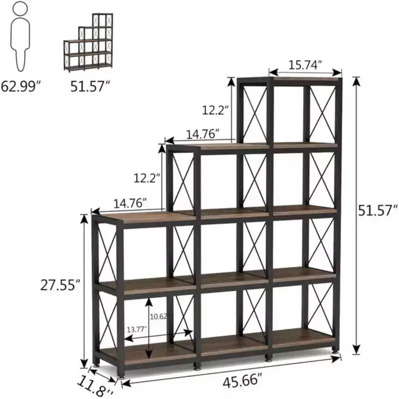 Libreria a Scala Angolare a L – Etagere a 9 Cubi in Metallo e Legno, Nera