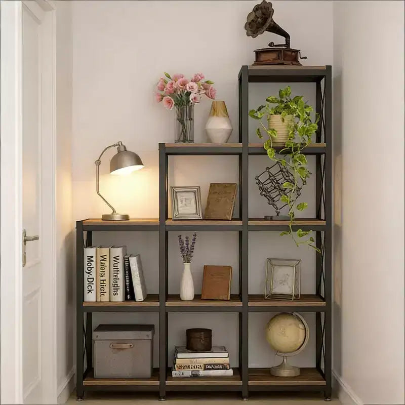 Libreria a Scala Angolare a L – Etagere a 9 Cubi in Metallo e Legno, Nera